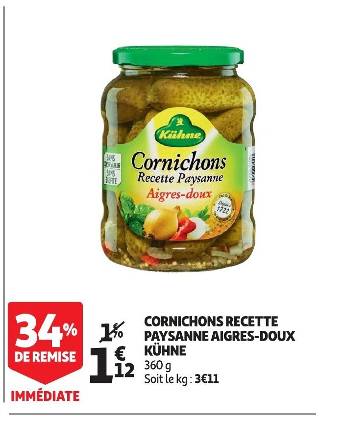 Cornichons recette paysanne aigresdoux kuhne 360g promotie bij Auchan