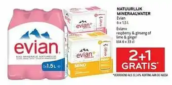 Alvo Natuurlijk mineraalwater evian evian+ raspberry + ginseng of lime + ginger 2+1 gratis aanbieding