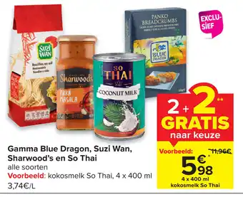Carrefour Market Gamma Blue Dragon, Suzi Wan, Sharwood's en So Thai 4x400 ml aanbieding