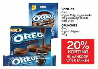 Alvo Koekjes oreo + crunchies oreo 20% korting bij aankoop van 3 pakken aanbieding