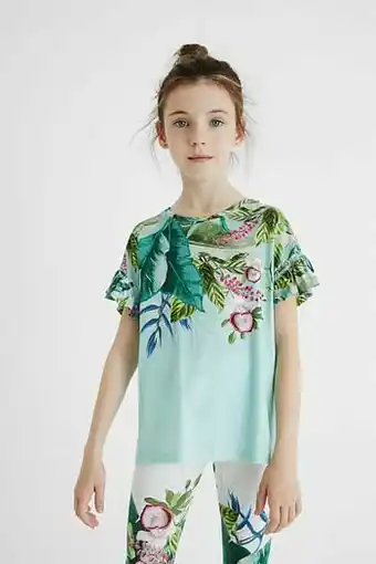 Desigual T-shirt met bloemenprint en mouwen met ruches - GREEN - 11/12 aanbieding