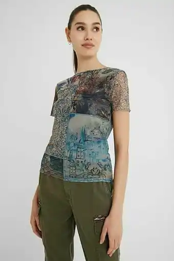Desigual Slim fit T-shirt met tule en landschappen - BROWN - M aanbieding