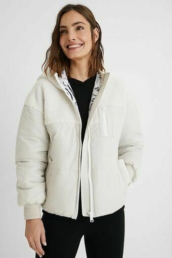 Desigual Gewatteerde jas met lamsvacht en capuchon - WHITE - XXL aanbieding