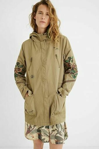 Desigual Parka met capuchon en bloemen - BROWN - 36 aanbieding