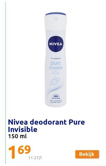 Action Nivea deodorant Pure Invisible 150 ml aanbieding
