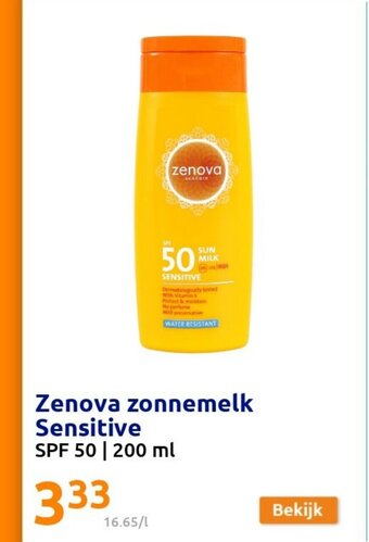 Action Zenova zonnemelk Sensitive SPF 50 200 ml aanbieding