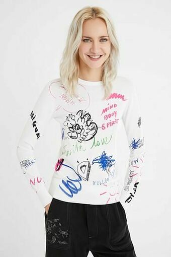 Desigual Katoenen T-shirt met krabbels en teksten - WHITE - XS aanbieding