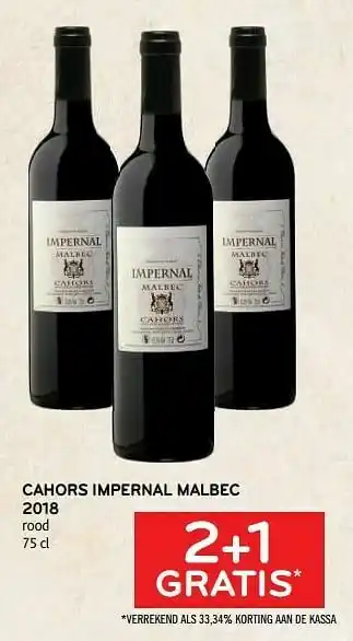 Cahors impernal malbec 2018 rood 2+1 gratis