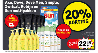 Kruidvat Axe, dove, dove men, simple, zwitsal, robijn en sun multipakken aanbieding