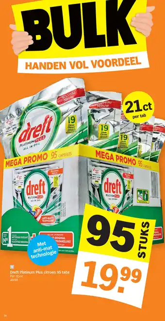 Albert Heijn Dreft Platinum Plus citron 95 tabs Per doos aanbieding