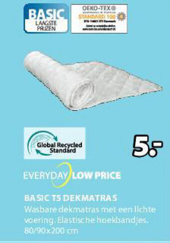 Jysk Basic T5 Dekmatras 80/90x200 cm aanbieding