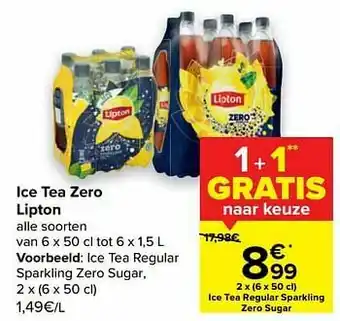 Carrefour Lipton ice tea regular sparkling zero sugar aanbieding