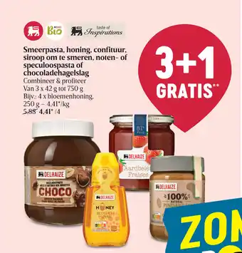 Delhaize Smeerpasta, honing, confituur, siroop om te smeren, noten- of chocoladehagelslag 250g aanbieding