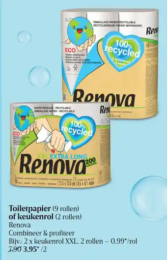 Delhaize Toiletpapier (9 rollen) of keukenrol (2 rollen) Renova Combinner & profiteer aanbieding