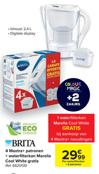 Carrefour Brita 4 Maxtra+patronen+waterfilterkan Marella Cool White gratis aanbieding