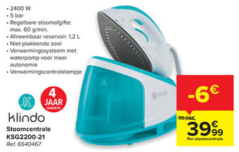 Carrefour Klindo Stoomcentrale KSG2200-21 aanbieding