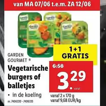 Lidl Garden Gourmet Vegetarische Burgers Of Balletjes 1+1 Gratis 170g aanbieding