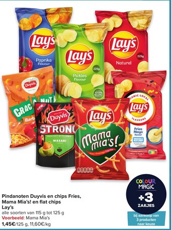 Carrefour Pindanoten Duyvis en chips Fries, Mama Mia's! en flat chips Lay's aanbieding