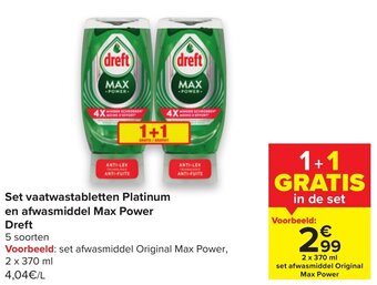 Carrefour Set vaatwastabletten Platinum en afwasmiddel Max Power Dreft aanbieding