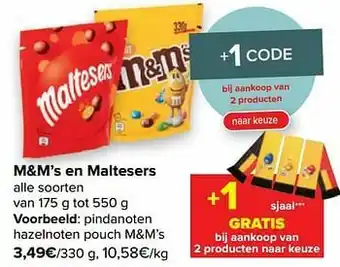 Carrefour Market Pindanoten hazelnoten pouch m+m`s aanbieding