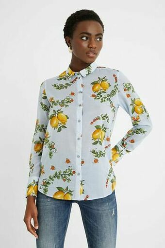 Desigual Katoenen overhemdblouse met citroenen - BLUE - XXL aanbieding
