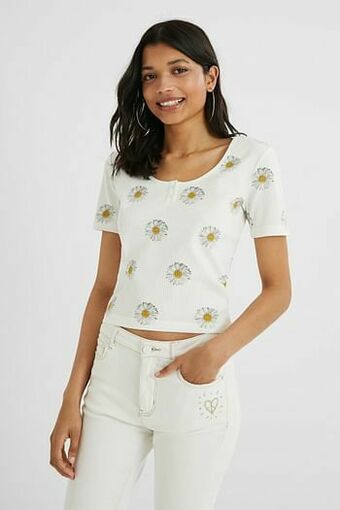 Desigual T-shirt met madeliefjes van 100% katoen - WHITE - XL aanbieding