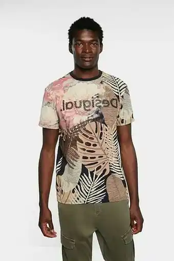 Desigual Basic T-shirt met exotische bladeren - BLUE - S aanbieding