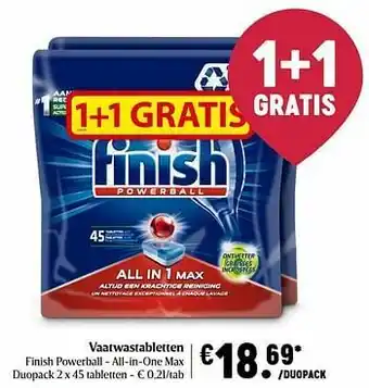 Delhaize Vaatwastabletten finish powerball - all-in-one max duopack aanbieding