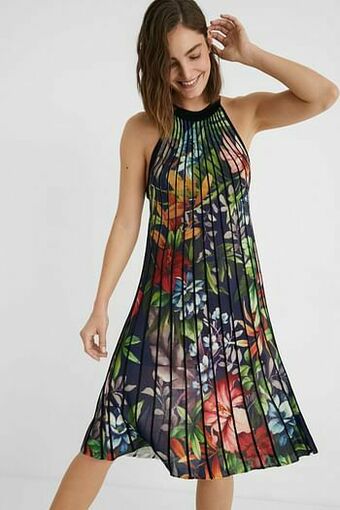 Geplisseerde jurk met bloemen - BLUE - XL