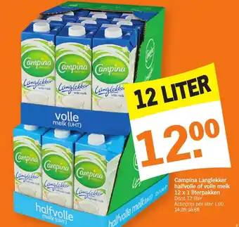 Albert Heijn Campina langlekker halfvolie of volle melk 12 x 1 literpakken aanbieding