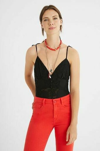Geborduurde body met spaghettibandjes - BLACK - L