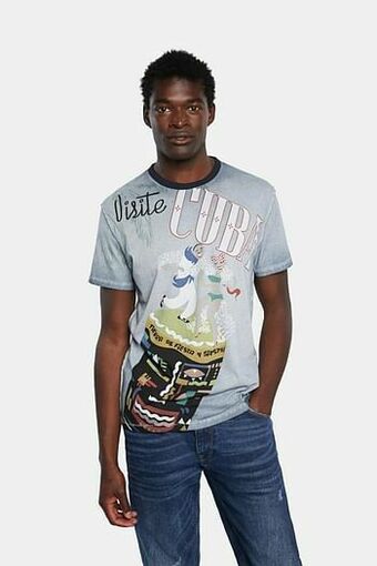 Desigual Basic T-shirt van katoen met Cuba-print - BLUE - M aanbieding