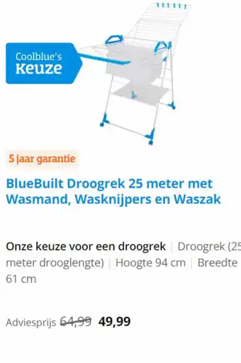 Bluebuilt droogrek 25 meter met wasmand, wasknijpers en waszak