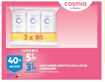 Auchan Maxi Carrés Sensitive 100% Coton Cosmia Baby aanbieding