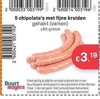 Buurtslagers 5 Chipolata's Met Fijne Kruiden aanbieding