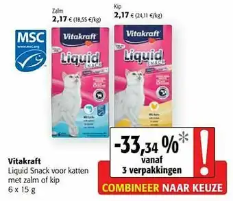 Colruyt Vitakraft liquid snack voor katten met zalm of kip aanbieding