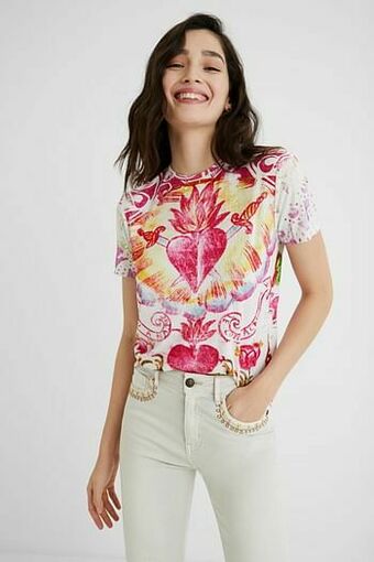 Desigual T-shirt met korte mouwen en hart - WHITE - XL aanbieding