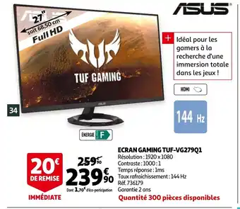 Auchan Asus Ecran Gaming TUF-VG279Q1 aanbieding