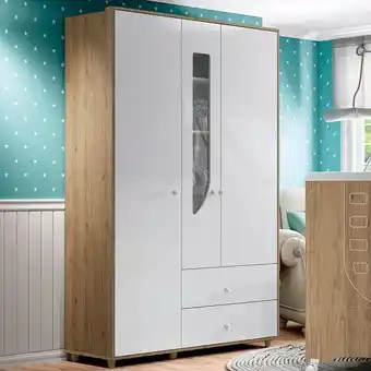 Lojas Koerich Guarda-roupa 3 portas e 2 gavetas pão de mel rústico com branco henn oferta