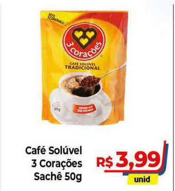 Hiper Moreira Café Solúvel 3 Corações 50g oferta