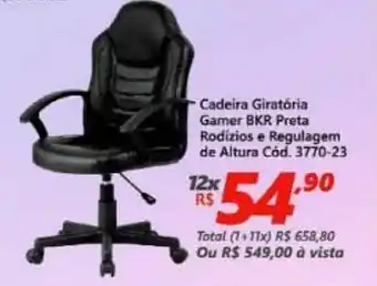Cadeira Giratoria Gamer BKR Preta Rodizios e Regulagem de Altura