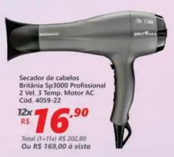 Lojas Becker Secador de Cabelos Britania SP3000 Profissional 2 Vel. 3 Temp. Motor AC oferta