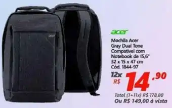 Lojas Becker Mochilla Acer Gray Dual Tone Compativel com Notebook 15.6" 32x15x47cm oferta