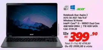 Lojas Becker Notebook Acer Aspire 3 15.6" Windows Home Intel Core i3 oferta