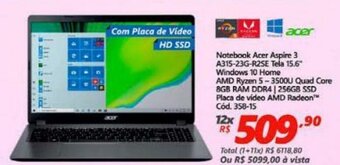 Lojas Becker Notebook Acer Aspire 3 15.6" Windows 10 Home AMD Ryzen 5 oferta