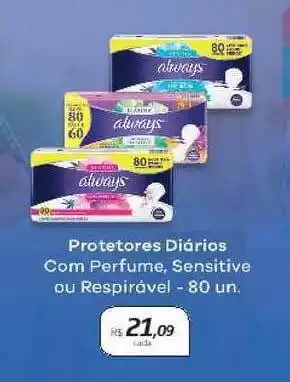 Drogal Protetores Diário Com Perfume Sensitive Ou Respirável Always 80 un. oferta