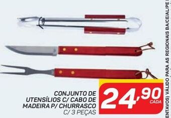 Conjunto de utensílios c/ cabo de madeira p/ churrasco 3 peças