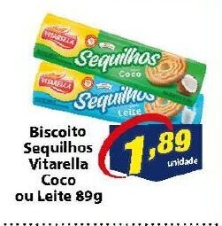 Vencedor Atacadista Biscoito Sequilhos Vitarella Coco ou Leite 89g oferta
