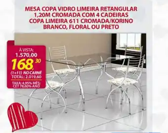Mesa Copa Vidro Limeira Retangular 1.20m Cromada com 4 Cadeiras Copa Limeira 611 Cromada/ Korino Branco, Floral ou preto