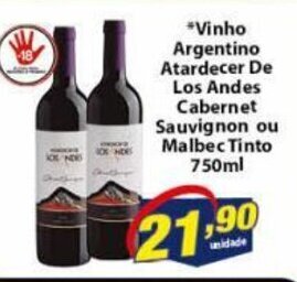 Vencedor Atacadista Vinho Argentino Atardecer De Los Andes Cabernet Sauvignon ou Malbec 750ml oferta